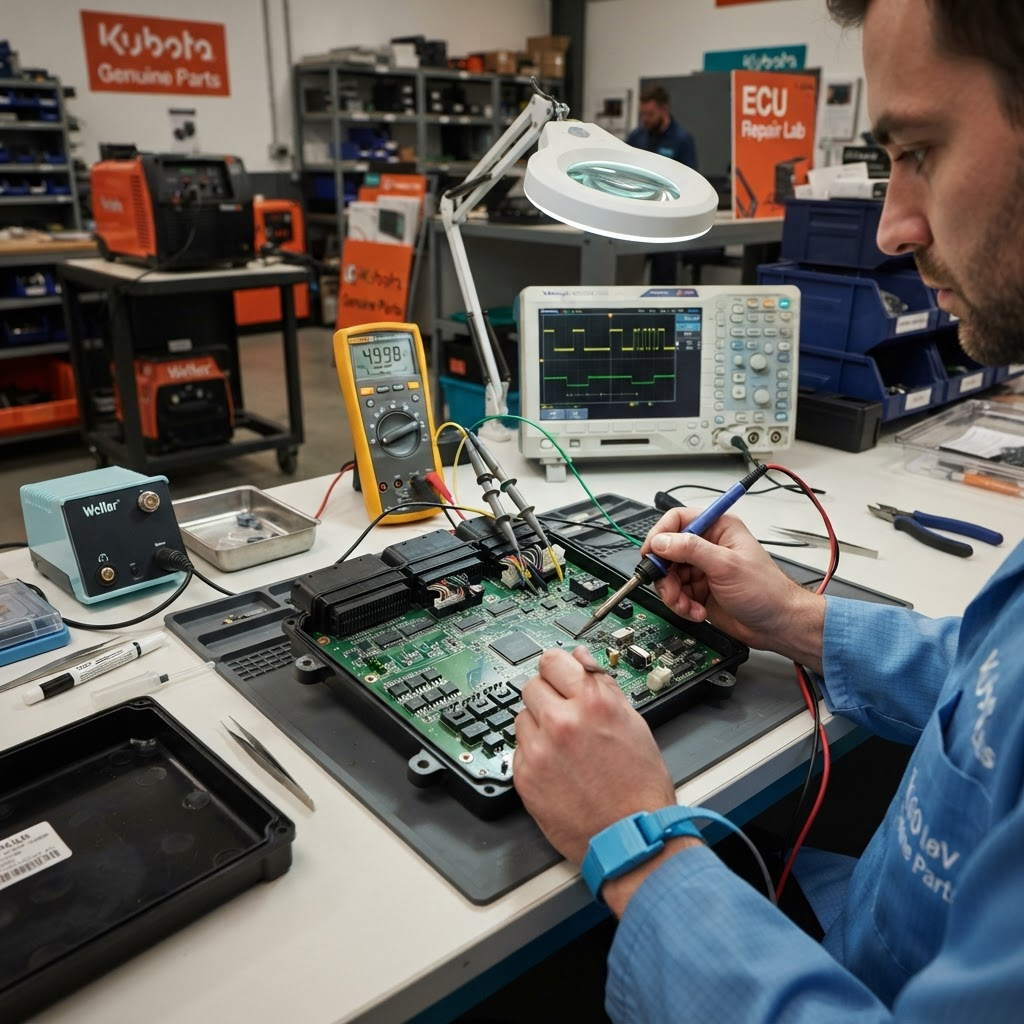 Oprava řídicí jednotky ECU Kubota — Bagr KX016 KX040 KX080, U17 U35 U55, SVL65 SVL75 SVL95, Traktor M L B. Chyba E:030, nespustí, DPF E:225. Polsko, Česká republika, Evropa.